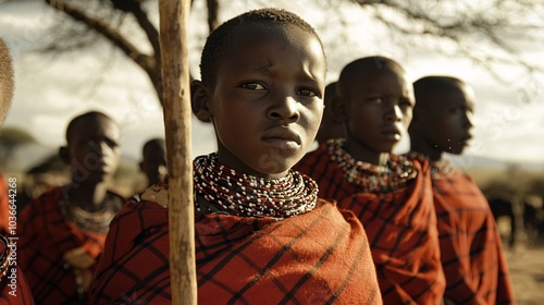 A group of young Maasai boys participating in a rite of passage ceremony