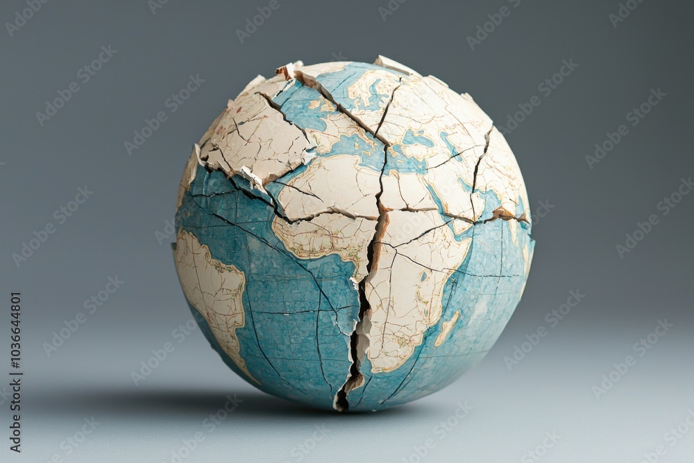 Cracked globe representing global crisis and ecological breakdown concept. A cracked globe symbolizes environmental issues fragility of the Earth and the impact of human activities on our planet Cracked globe representing global crisis and ecological breakdown concept. A cracked globe symbolizes environmental issues fragility of the Earth and the impact of human activities on our planet