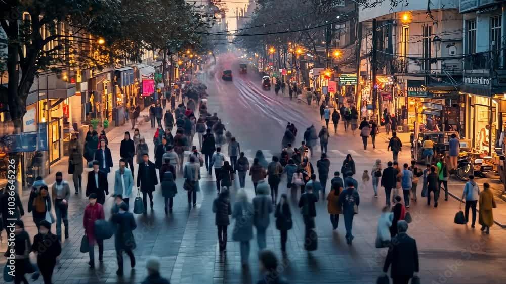 Busy City Street with Blurred Motion of Pedestrians and Evening Lights in Urban Shopping District – Vibrant City Life and People Walking in Lively Commercial Area Busy City Street with Blurred Motion of Pedestrians and Evening Lights in Urban Shopping District – Vibrant City Life and People Walking in Lively Commercial Area