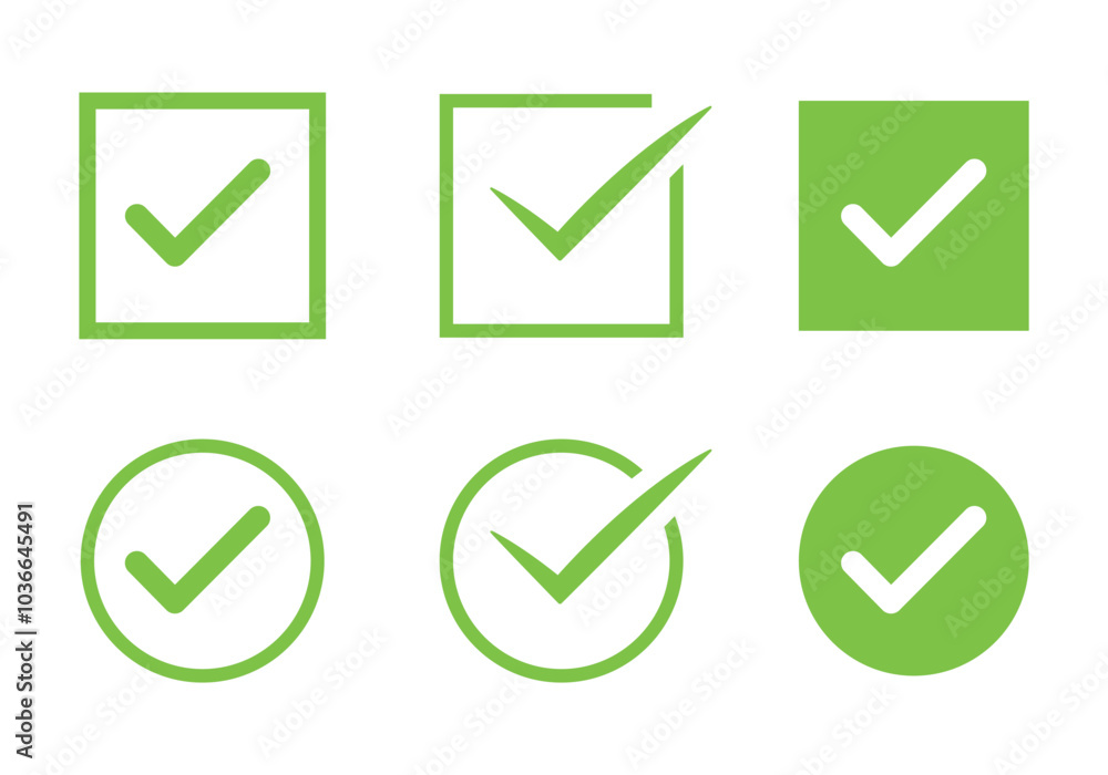 check mark icon set. check mark box square frame. check box icon with correct buttons and yes checkmark icons in green tick box, vector illustration n white background. check mark icon set. check mark box square frame. check box icon with correct buttons and yes checkmark icons in green tick box, vector illustration n white background.