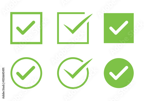 check mark icon set. check mark box square frame. check box icon with correct buttons and yes checkmark icons in green tick box, vector illustration n white background.