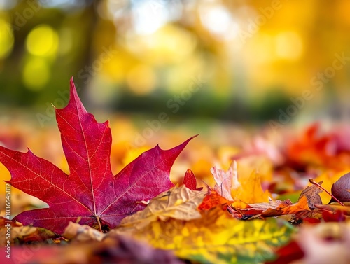 Vibrant autumn leaves on the ground, showcasing seasonal colors. photo