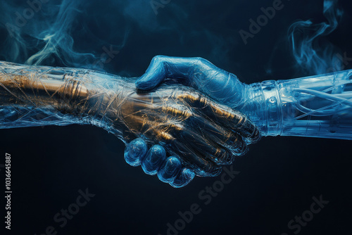 Robotic and human connection in misty blue glow.