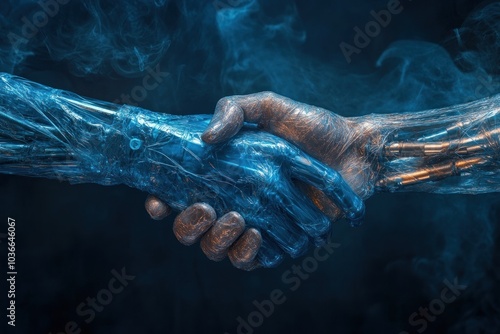 Robotic metallic and humanlike hand shake in blue mist.