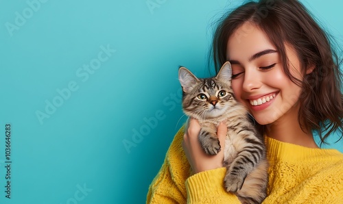 beautiful smiling brunette woman holds your tabby cat in her hands isolated, Generative AI