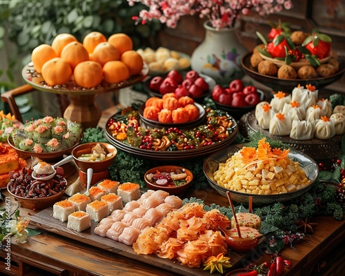 A festive table set for Lunar New Year traditional food