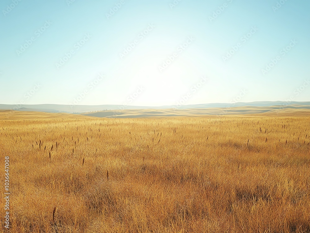 Endless golden field under a clear blue sky, capturing the serene beauty of nature.