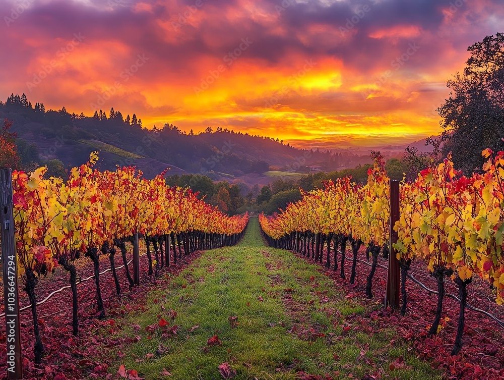 Naklejka premium Vibrant vineyard at sunset with colorful sky and autumn foliage.