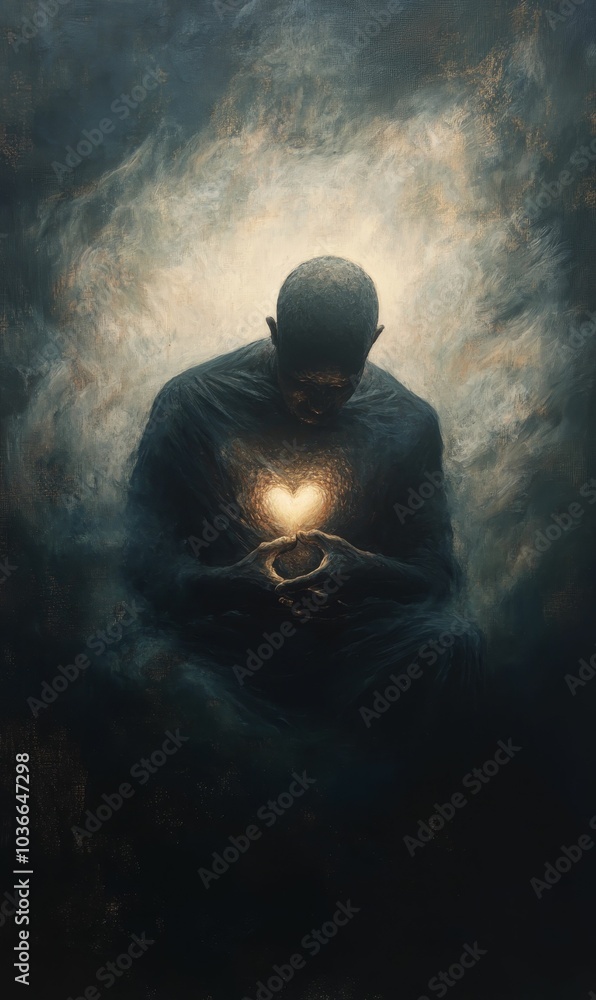 Man in dark cloak holds glowing heart. Man in dark cloak holds glowing heart.