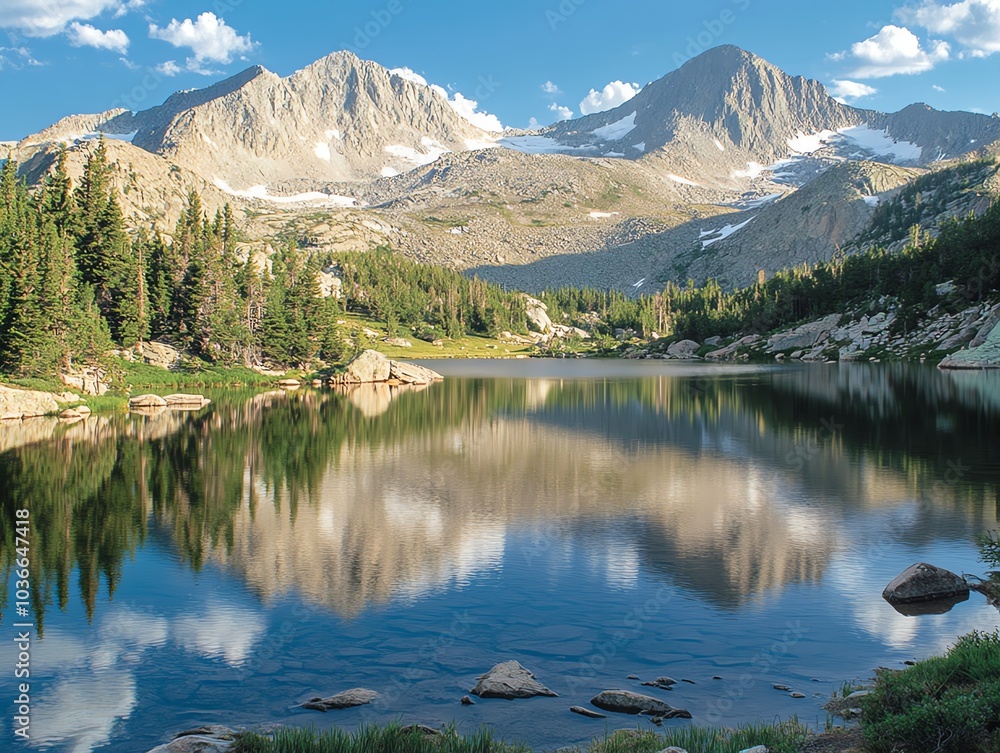 Fototapeta premium Mountain lake with clear reflections and blue sky, surrounded by lush pine trees.