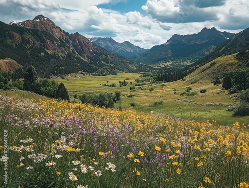 Mountain valley with vibrant wildflower field under blue sky.