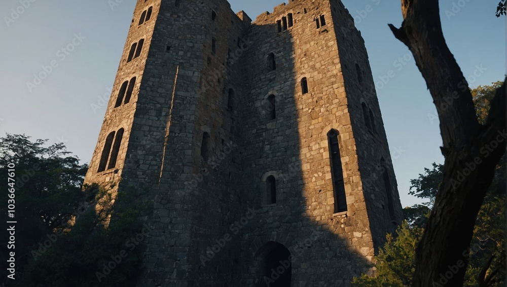 The archer tower rises majestically against the golden sunset The archer tower rises majestically against the golden sunset