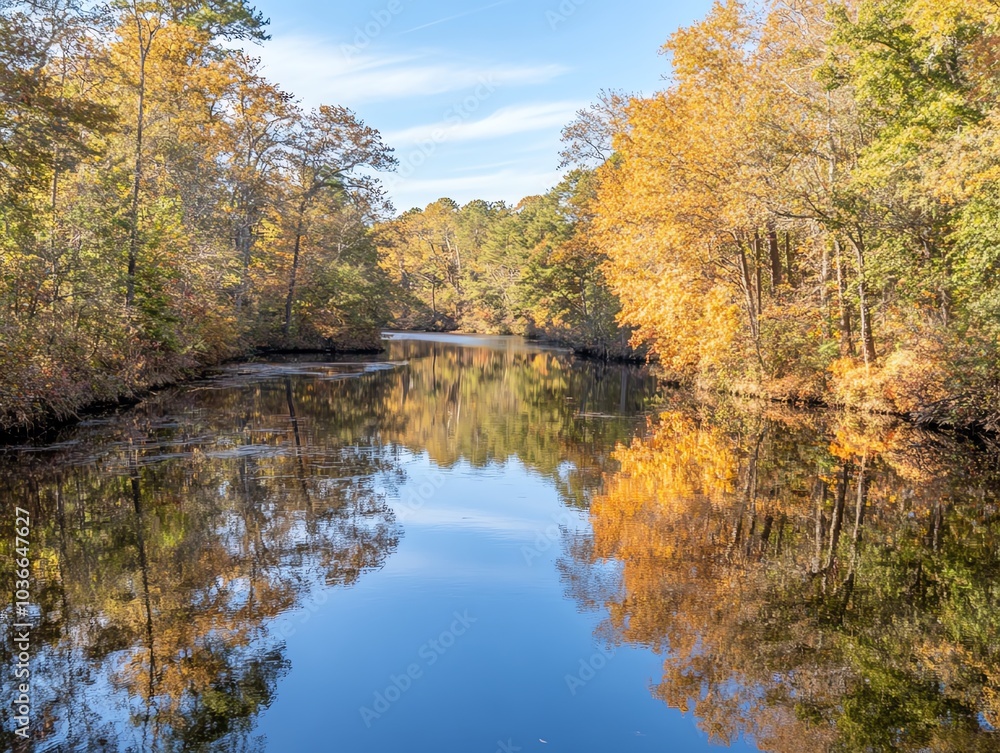 Tranquil autumn river scene with vibrant foliage, reflecting in calm water. Tranquil autumn river scene with vibrant foliage, reflecting in calm water.