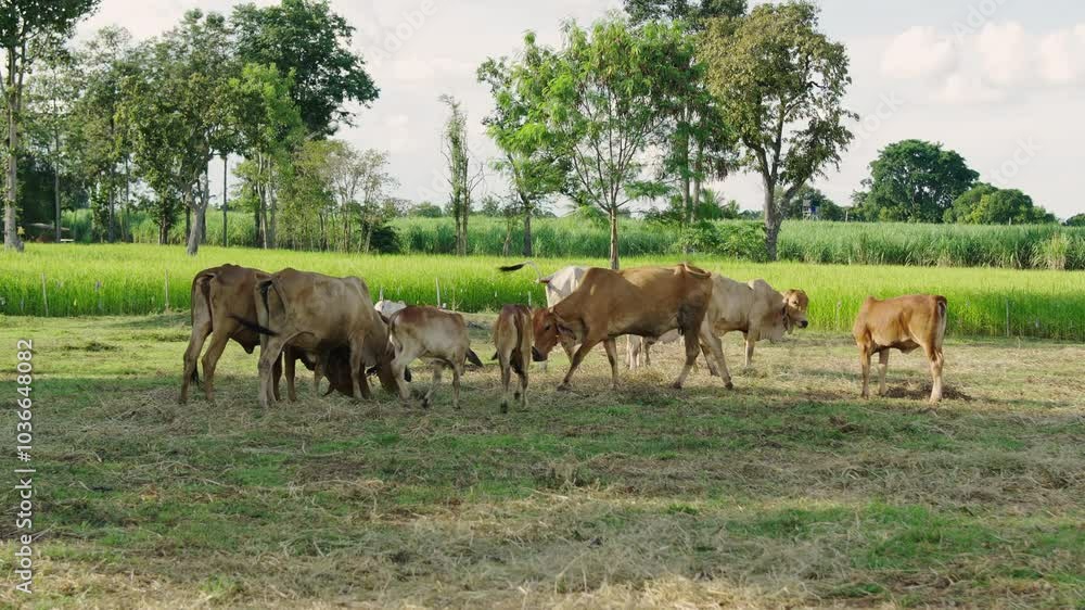 Native Thai cows in the countryside grassfield. Cows eat grass naturally. Livestock concept. Native Thai cows in the countryside grassfield. Cows eat grass naturally. Livestock concept.