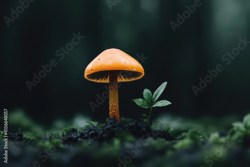 Mystical Mushroom in Enchanting Forest Setting with Dew-Kissed Leaves