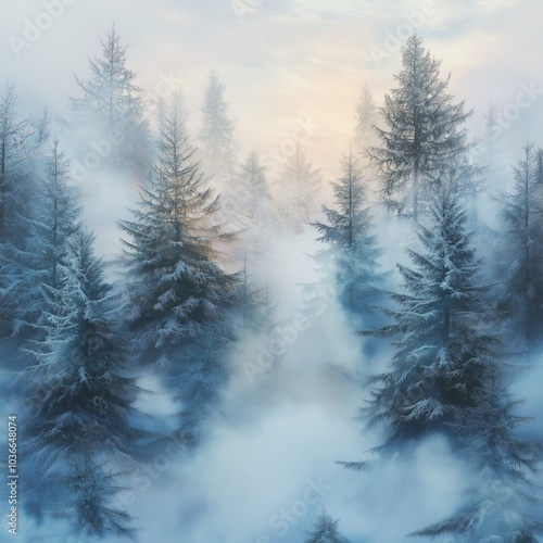 Enchanting misty winter landscape a serene forest embraced by frost and fog at dawn