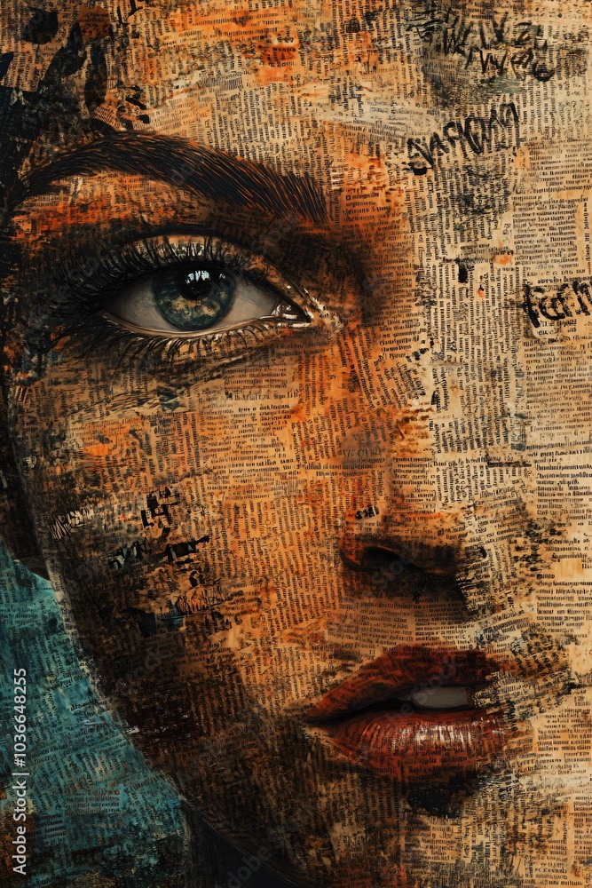 Close up portrait of a woman's eye with a newspaper texture background. Close up portrait of a woman's eye with a newspaper texture background.