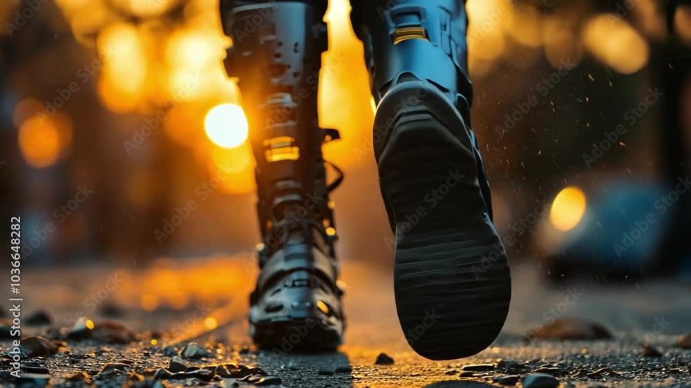 This person strolls along a vibrant street as the sun sets, showcasing unique black footwear. Prosthesis This person strolls along a vibrant street as the sun sets, showcasing unique black footwear. Prosthesis