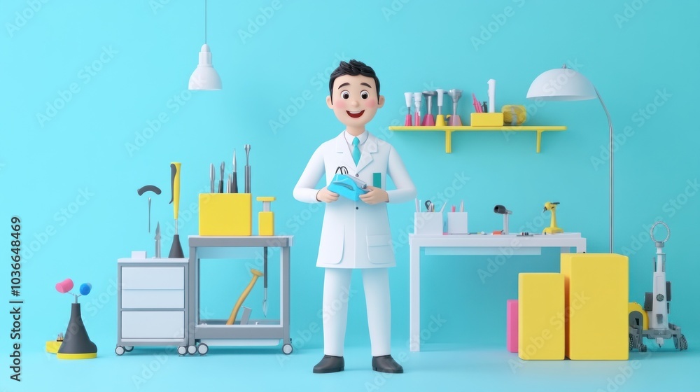 A cheerful scientist in a lab, surrounded by tools and equipment for experiments. A cheerful scientist in a lab, surrounded by tools and equipment for experiments.