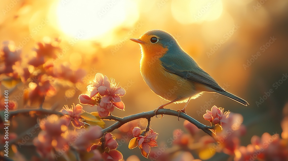 A bird perched on a branch merged with the sunset A bird perched on a branch merged with the sunset
