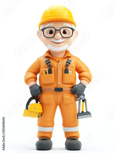 A cheerful cartoon construction worker in an orange jumpsuit and hard hat, holding tools.