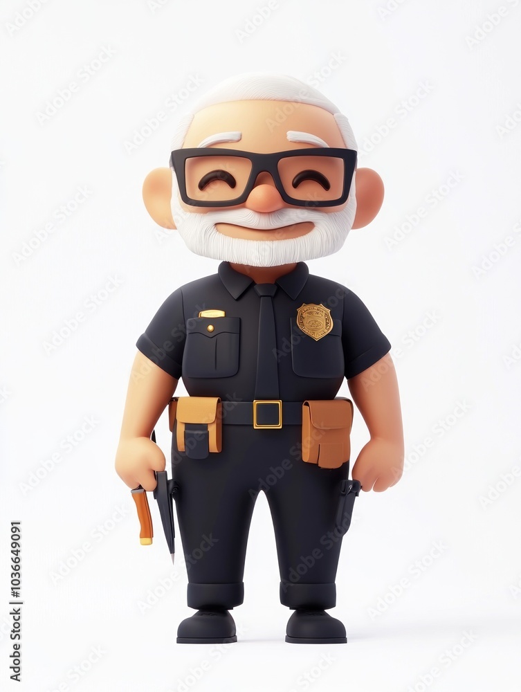 A cheerful cartoon police officer with glasses and a white beard, holding tools. A cheerful cartoon police officer with glasses and a white beard, holding tools.