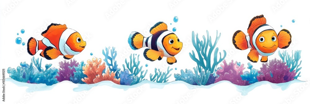 Clownfish gracefully navigating vibrant coral, set against a clean white background, showcasing the beauty of marine life. Clownfish gracefully navigating vibrant coral, set against a clean white background, showcasing the beauty of marine life.