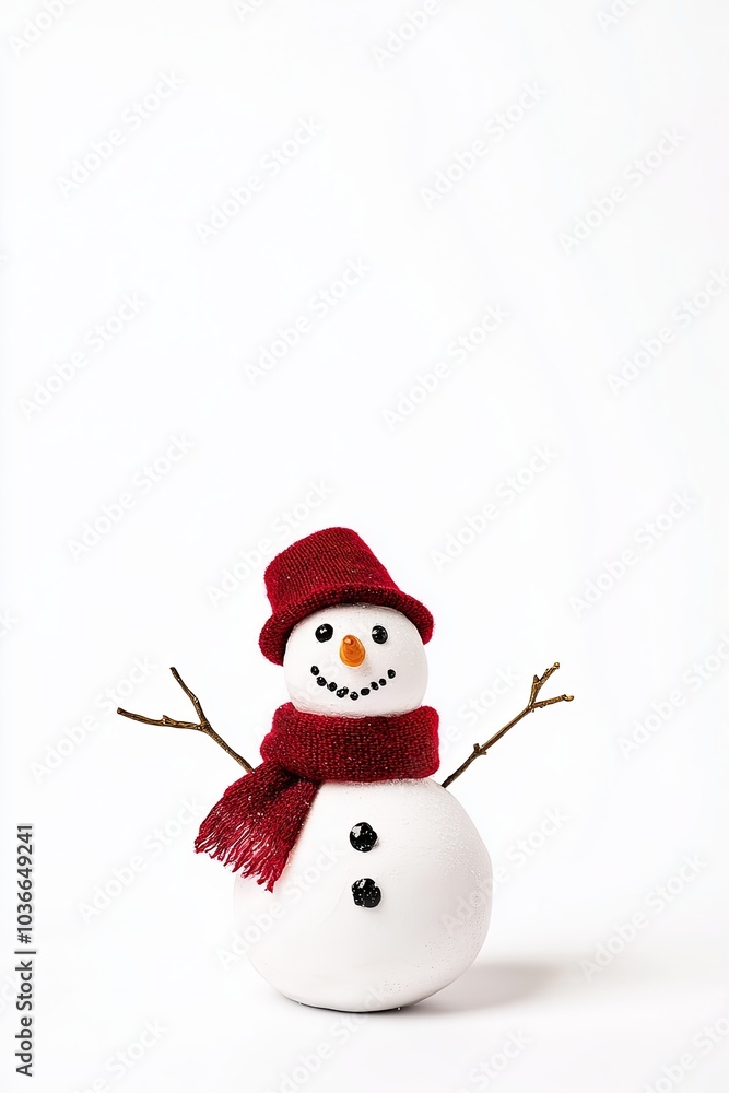 Cheerful snowman with red accessories against a white background Cheerful snowman with red accessories against a white background