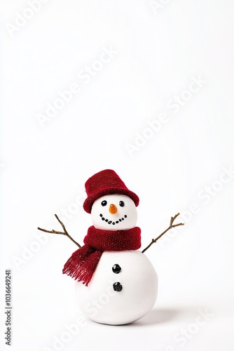 Cheerful snowman with red accessories against a white background