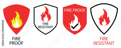 Collection of Fireproof icons. Fire resistant icon. Fire protection icon with shield. Fire resistant material sign. Vector illustration isolated on white background.