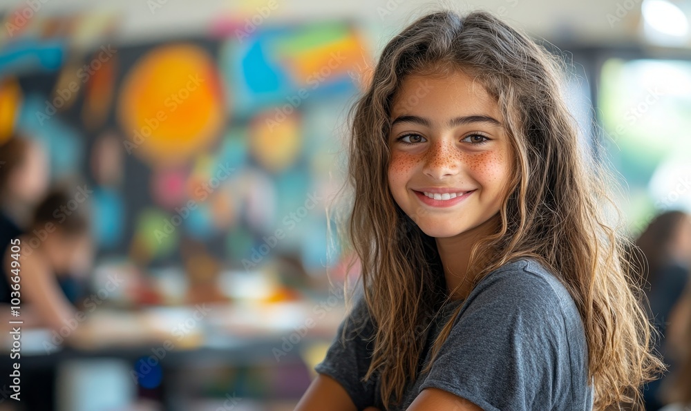 Girl smiling at the camera while sitting in an art and creativity class, Generative AI Girl smiling at the camera while sitting in an art and creativity class, Generative AI