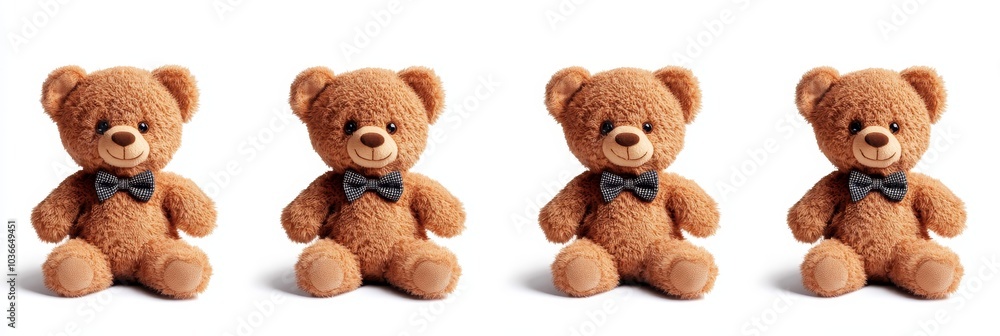 Charming teddy bear adorned with a bow tie, set against a clean white background, perfect for playful and heartwarming themes. Charming teddy bear adorned with a bow tie, set against a clean white background, perfect for playful and heartwarming themes.
