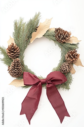 Elegant holiday wreath with pinecones and a burgundy bow