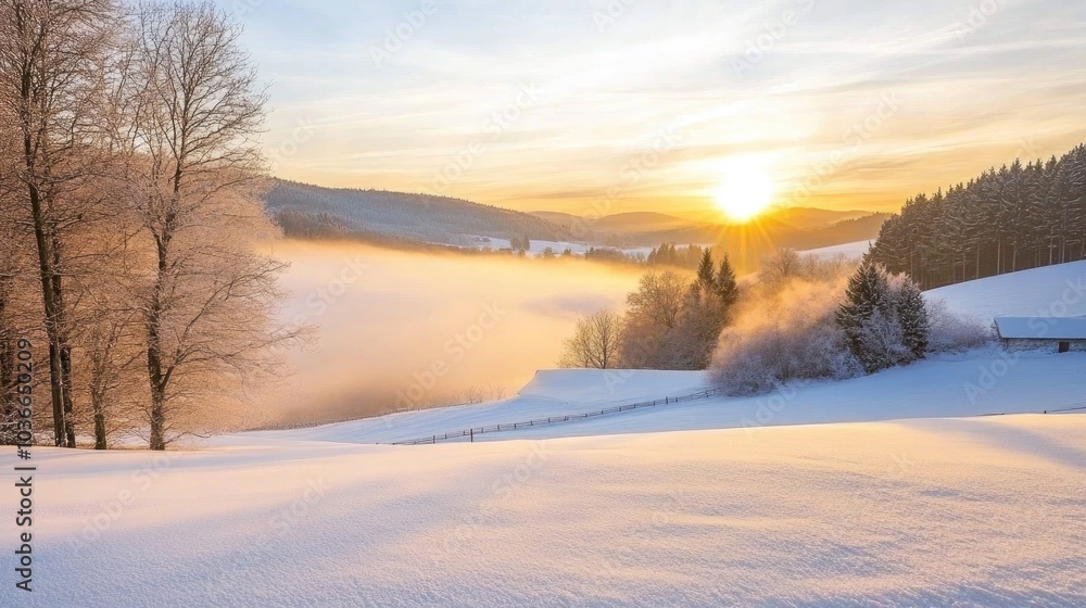 Calm Winter Morning with Mist Rising in Scenic Landscape Calm Winter Morning with Mist Rising in Scenic Landscape