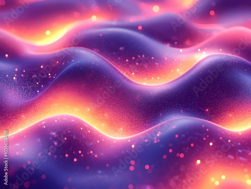 A mesmerizing abstract image featuring undulating waves with vibrant purple and orange hues, creating a sense of depth and fluidity in a dreamlike atmosphere.