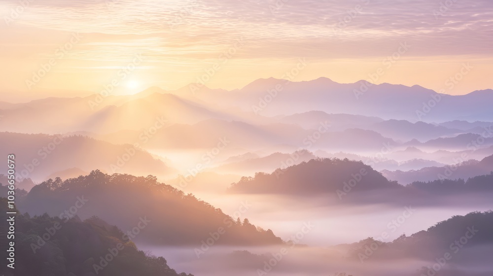 Serene Sunrise over Misty Japanese Valley with Ancient Mountains in Ultra-Detailed Photograph Serene Sunrise over Misty Japanese Valley with Ancient Mountains in Ultra-Detailed Photograph