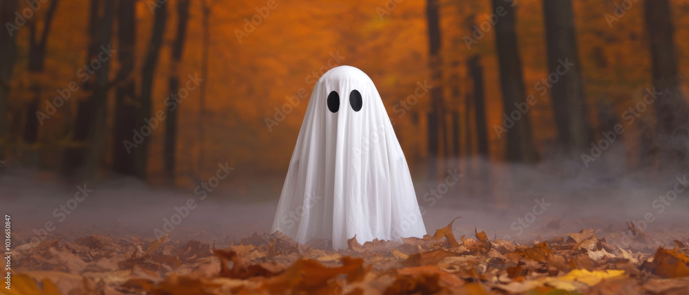 A playful ghost figure stands among colorful autumn leaves in a foggy forest, creating a whimsical and spooky atmosphere. A playful ghost figure stands among colorful autumn leaves in a foggy forest, creating a whimsical and spooky atmosphere.
