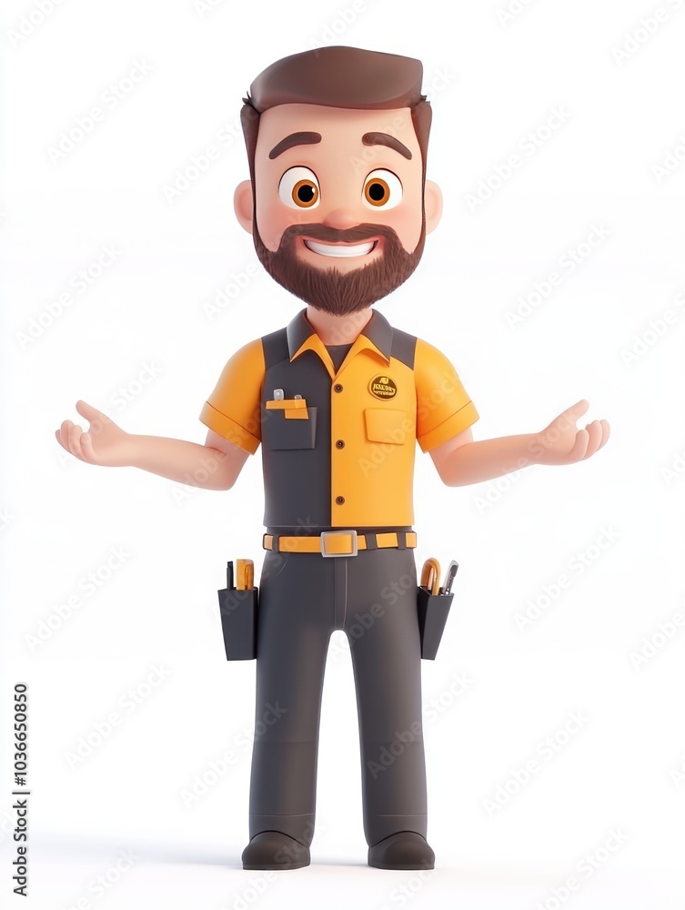 A cheerful cartoon character in a work uniform, smiling and gesturing with open hands.