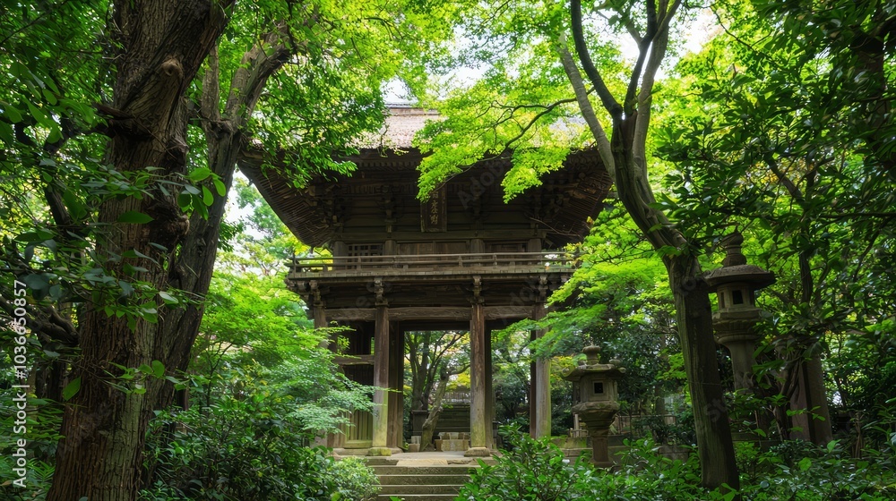Serene Ancient Japanese Shrine Amidst Towering Trees with Colorful Shide, Ultra-Detailed Photography of Medieval Landscapes Serene Ancient Japanese Shrine Amidst Towering Trees with Colorful Shide, Ultra-Detailed Photography of Medieval Landscapes