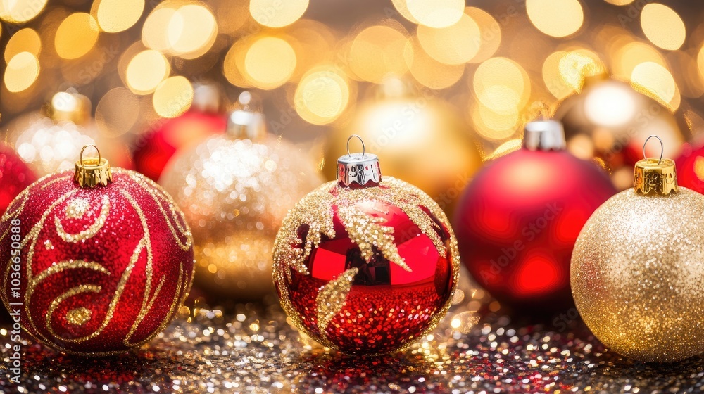 Shiny Red and Gold Christmas Baubles on Sparkling Background Shiny Red and Gold Christmas Baubles on Sparkling Background