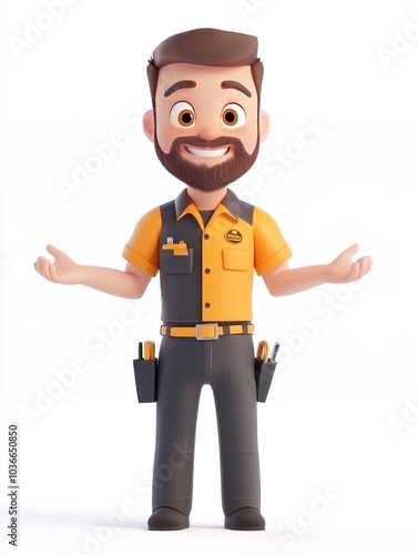 A cheerful cartoon character in a work uniform, smiling and gesturing with open hands.