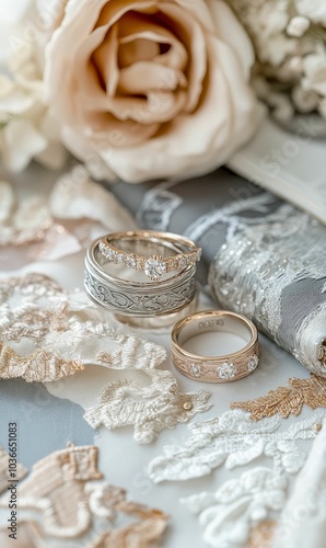 Wedding bands on delicate lace with a rose.