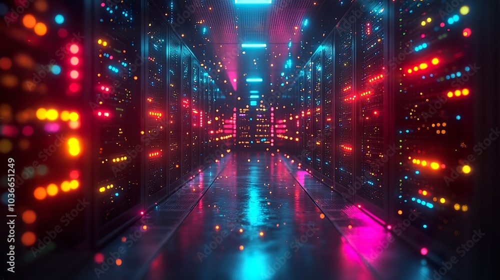 A bustling data center with rows of servers and flashing lights, showcasing the immense power and complexity of modern computing. A bustling data center with rows of servers and flashing lights, showcasing the immense power and complexity of modern computing.