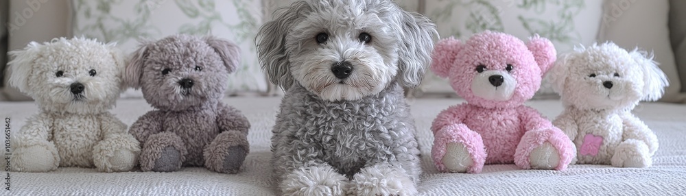 Dog sitting proudly with a collection of plush toys, playful pet owner concept, pastel studio background. Dog sitting proudly with a collection of plush toys, playful pet owner concept, pastel studio background.
