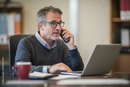 Businessman on Phone in Office with Laptop and Coffee