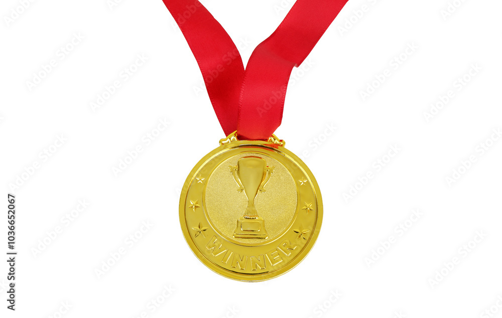 Gold medal with champion cup, red ribbon and word WINNER isolated on white background. Gold medal with champion cup, red ribbon and word WINNER isolated on white background.