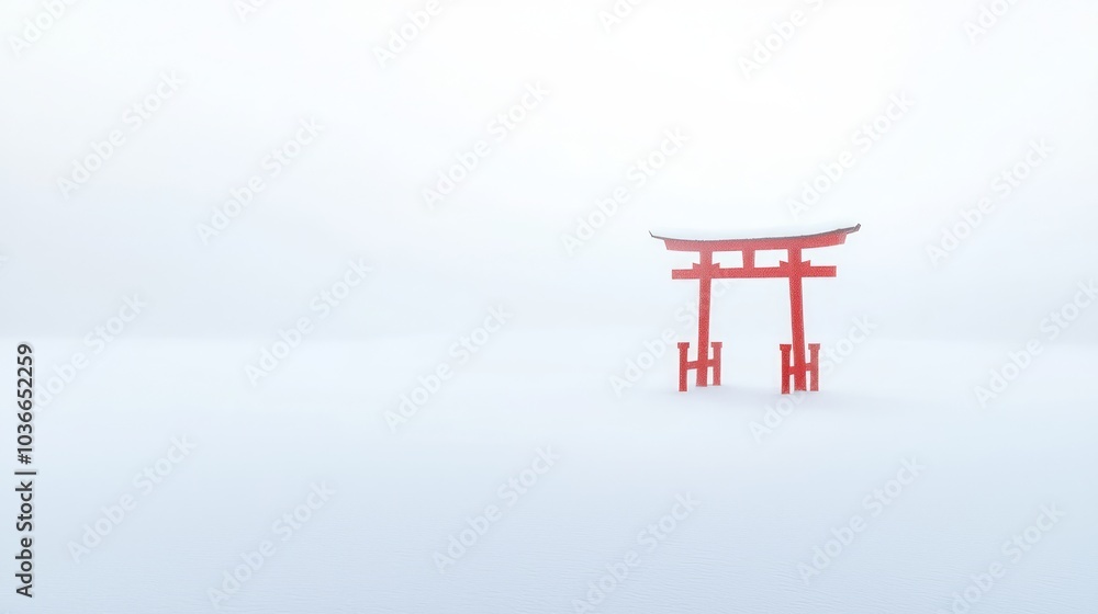 Serene Winter Scene of Ancient Japanese Shrine with Red Torii Gates in Snowy Landscape Serene Winter Scene of Ancient Japanese Shrine with Red Torii Gates in Snowy Landscape