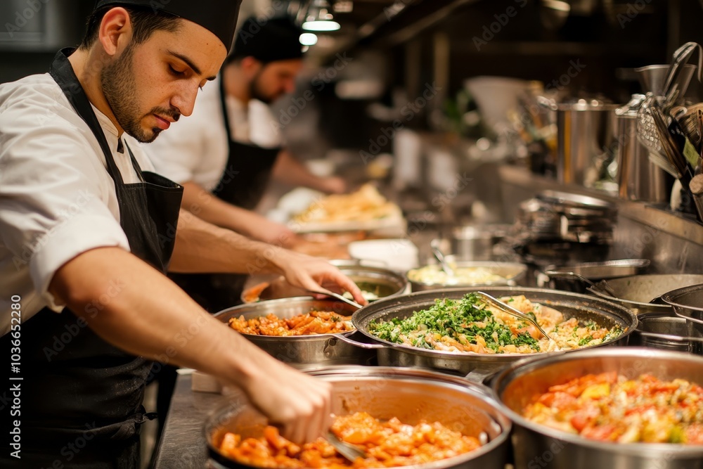 Chefs cooking food at cafe kitchen, Generative AI Chefs cooking food at cafe kitchen, Generative AI