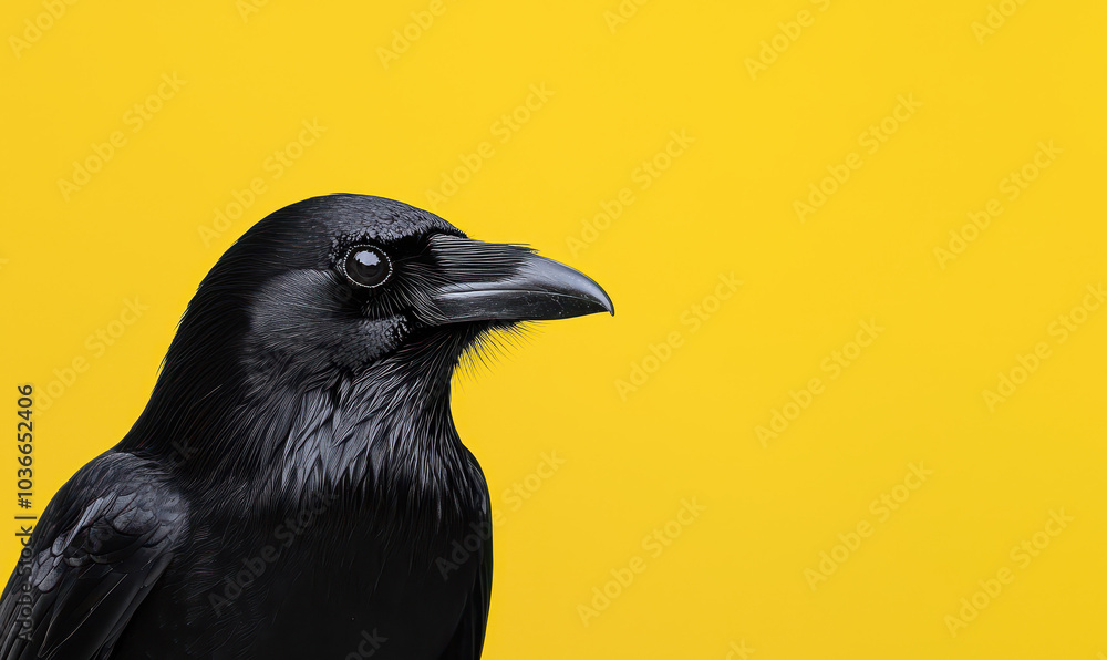 Striking Raven Portrait Against Bright Yellow Background: A Study in Contrast Striking Raven Portrait Against Bright Yellow Background: A Study in Contrast