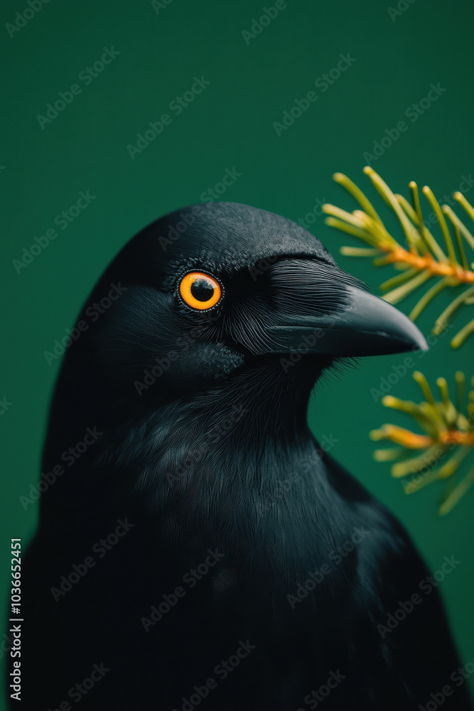 Stunning Portrait of a Black Bird with Striking Golden Eye and Pine Needles Stunning Portrait of a Black Bird with Striking Golden Eye and Pine Needles